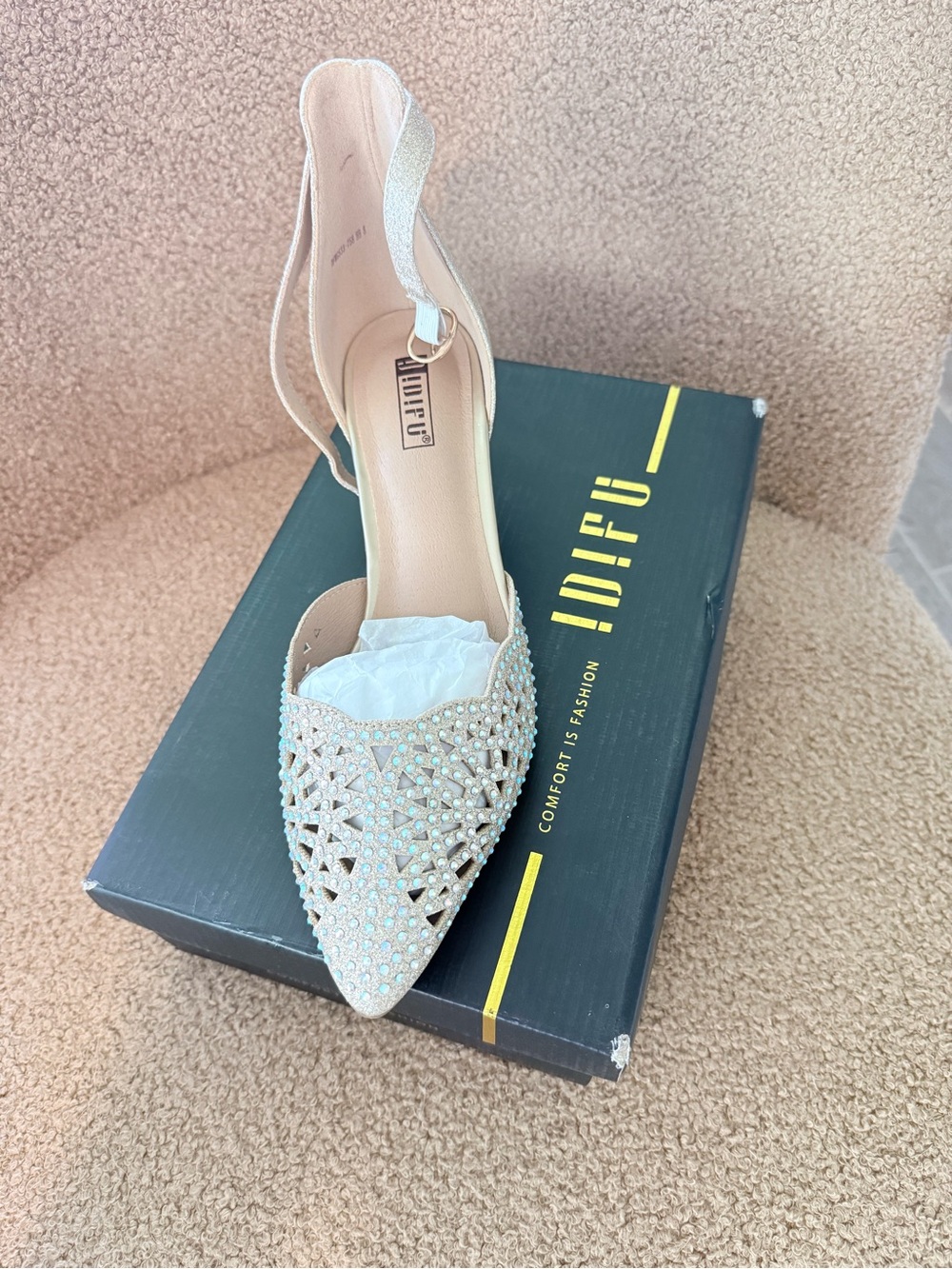 Dollcake Champagne Crystal-Embellished Pointed Slingback Mules